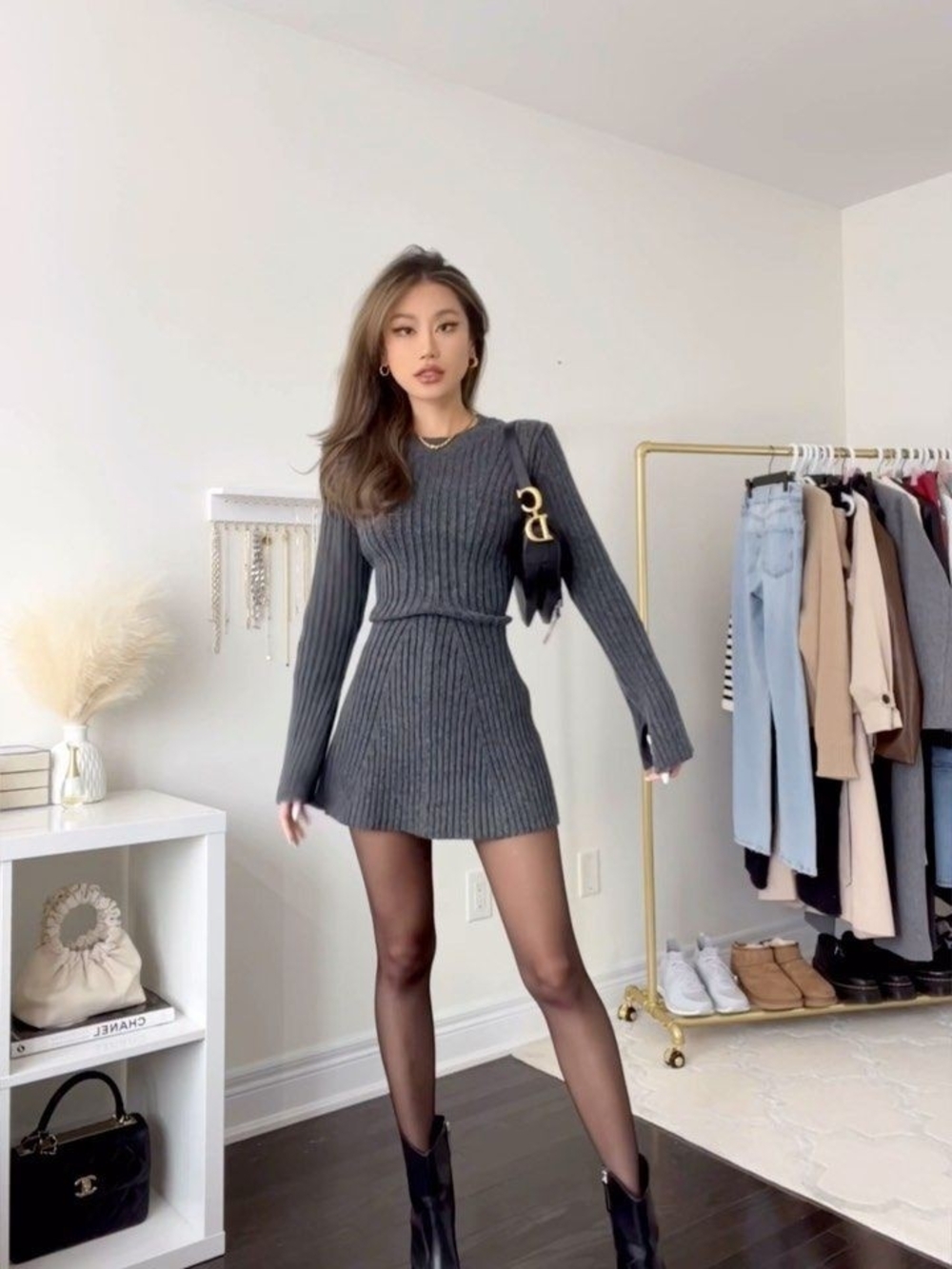H&M Charcoal Gray Ribbed Knit Sweater Dress